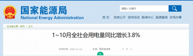 国家能源局：1-10月全社会用电量同比增长3.8%